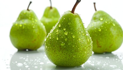 Close-up of four ripe, green pears with water droplets, against a clean white background, showcasing freshness