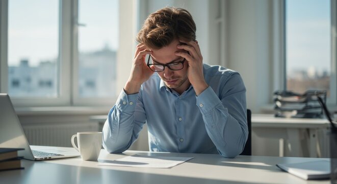 Stressed man in a bright minimalist office, overwhelmed by work pressure