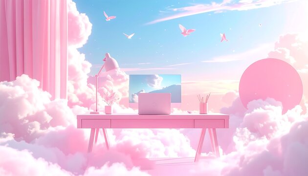 Surreal pink office desk suspended in fluffy clouds with open sky, doves, and the sun. Serene, dreamy aesthetic with a calming atmosphere