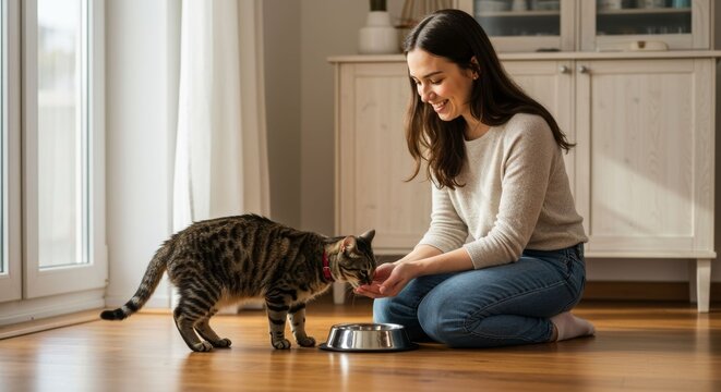 Kind woman hand-feeding a striped tabby cat indoors on a sunny day at home