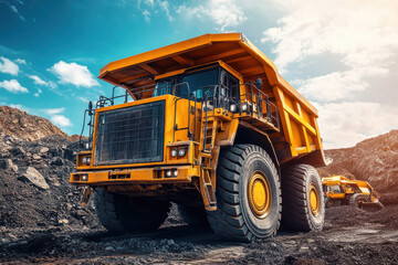 Obraz premium Massive yellow dump truck on construction site with blue sky and earth mover in background