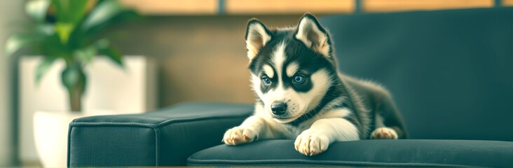 Cute husky puppy relaxing on a sofa in a modern living room with greenery and stylish decor