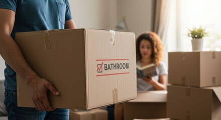 Man carrying marked moving box for organized home relocation project