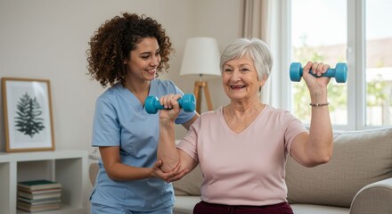 Dedicated physical therapist assisting senior woman with dumbbell exercises