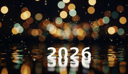 Beautiful bokeh of defocused city lights reflecting the bright glowing numbers 2026 on a wet surface