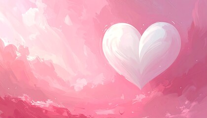 A large, soft-edged white heart floats against a backdrop of gentle pink clouds, evoking a sense of dreamy romance.