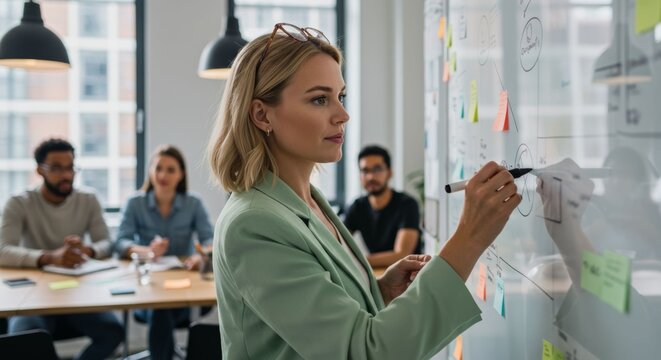 Focused blonde businesswoman leading a whiteboard brainstorming session in office