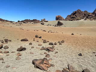 Desert landscape with rocky formations, covered with pumice in Minas de San Jose, volcano Teide...