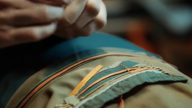 Skilled Artisan Hands Meticulously Sewing Fabric with Needle and Thread.