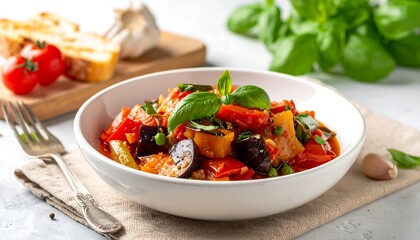A vibrant bowl of hearty vegetable stew, showcasing a medley of colorful peppers, eggplant, and peas, garnished with fresh basil leaves.