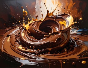 A dynamic swirl of molten chocolate, showcasing intricate textures and vibrant splashes of gold accents, creates a captivating visual.