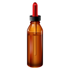 A 3D rendering of a medical dropper bottle with transparent liquid inside.