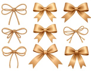 A collection of decorative bows, featuring both satin ribbons and twine knots, in a rich golden hue against a plain white background.