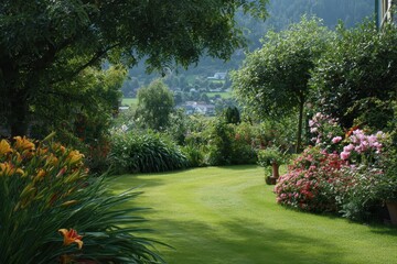Obraz premium Serene garden view showcases lush green lawn and vibrant flowerbeds in a picturesque landscape