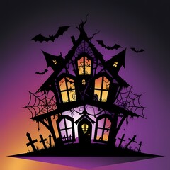 Spooky haunted house silhouette with bats flying in the night, a scary Halloween themed background