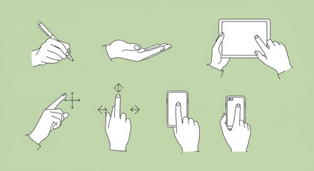 Line Art Illustrations of Human Hand Gestures and Technology Interactions in Monochrome Style