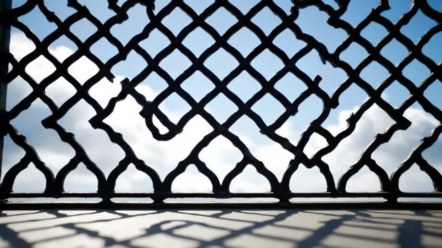 Ornate Metal Railing Silhouette Against Bright Blue Sky Casting Shadows