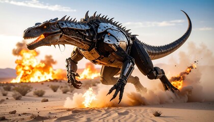 Mechanical Dinosaur Running Through Desert with Fire and Explosions