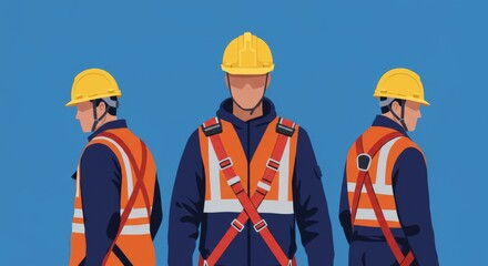 Construction Workers Wearing Hard Hats and Safety Harnesses Standing Together Facing Forward