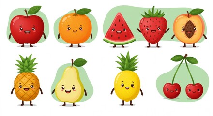 Fruit Characters Collection with Smiling Faces and Arms in Flat Colorful Style Isolated on White Background