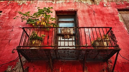 Discover the vibrant red facade with charming balcony and lush potted plants, radiating urban charm and architectural allure for travel, design, or lifestyle projects