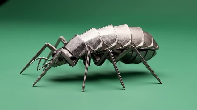 Silver metallic isopod sculpture on green studio background multiple angles.