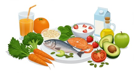 Balanced Healthy Meal with Fish, Vegetables, Fruits, Oatmeal, Olive Oil, Milk, and Orange Juice on a White Plate