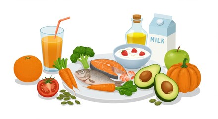 Balanced Healthy Meal with Fish, Vegetables, Fruits, Oatmeal, Olive Oil, Milk, and Orange Juice on a White Plate