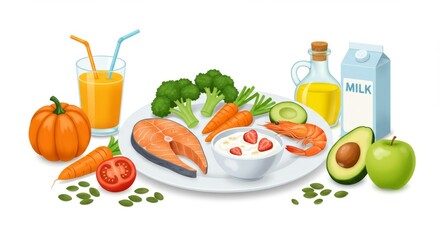 Balanced Healthy Meal with Fish, Vegetables, Fruits, Oatmeal, Olive Oil, Milk, and Orange Juice on a White Plate