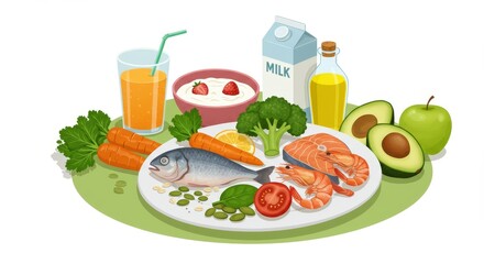 Balanced Healthy Meal with Fish, Vegetables, Fruits, Oatmeal, Olive Oil, Milk, and Orange Juice on a White Plate