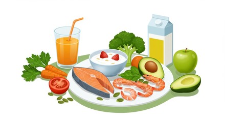 Balanced Healthy Meal with Fish, Vegetables, Fruits, Oatmeal, Olive Oil, Milk, and Orange Juice on a White Plate