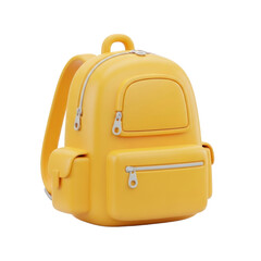 Vibrant Yellow 3D Rendered Minimalist School Backpack with Zippers and Pockets, Isolated on Transparent Background for Education, Travel, and Fashion Themes. PNG Without Background