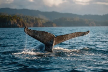 Obraz premium Humpback whale tail breaches the surface of the ocean near Madagascar at sunset, showcasing marine life in its natural habitat
