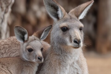 Fototapeta premium Female kangaroo carries her baby in pouch while resting in a natural habitat surrounded by trees during the day
