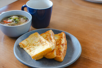 French toast breakfast with soup and coffee
