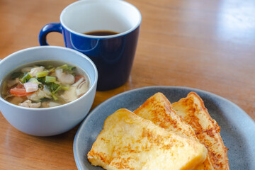 French toast breakfast with soup and coffee
