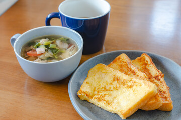 French toast breakfast with soup and coffee
