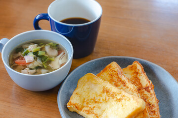 French toast breakfast with soup and coffee
