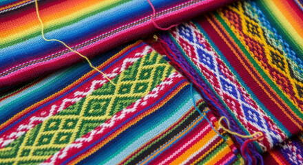 Vibrant Woven Textile with Geometric Patterns and Rainbow Stripes