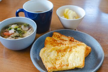 French toast breakfast with soup, coffee and fruit
