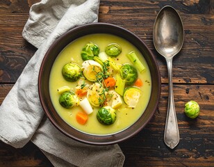 A hearty bowl of creamy vegetable soup, featuring roasted Brussels sprouts, carrots, and celery, sits on a rustic wooden surface, garnished with fresh thyme.