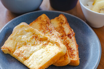 French toast breakfast with soup and coffee
