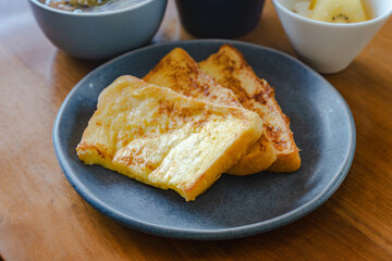 French toast breakfast with soup and coffee
