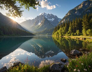 Serene mountain lake reflecting a vibrant sunrise, showcasing a tranquil alpine landscape with lush greenery and snow-capped peaks.