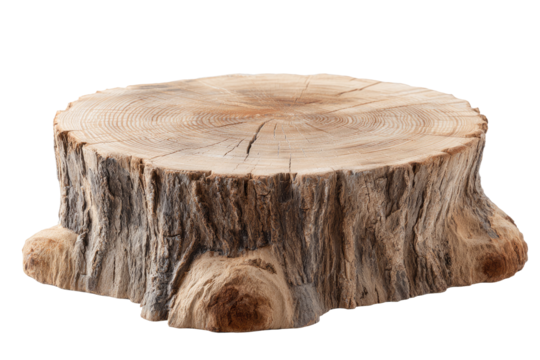 Polished tree trunk slice, flat top, rough bark base, light wood tone, rustic charm