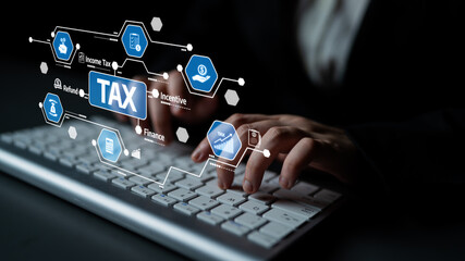 A close-up of hands typing on a keyboard with digital tax-related icons floating around, representing modern finance practices and online tax solutions in business. Tessel