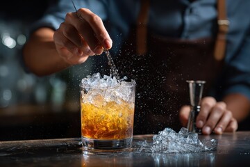 Creating a refreshing cocktail with fresh ice and expert techniques at a modern bar during evening hours