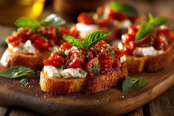 Homemade Italian bruschetta appetizer featuring fresh tomatoes, garlic, and basil on toasted bread served on a rustic wooden board