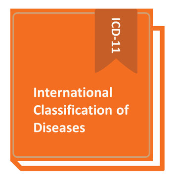 Illustration of ICD-11 International Classification of Diseases book cover in orange design, representing global healthcare coding, medical diagnosis system, and disease classification reference.