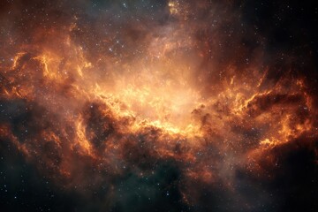 Cosmic nebula displays a fiery spectacle of gold and dark in the vast universe, evoking wonder and awe of stellar formations and cosmic phenomena